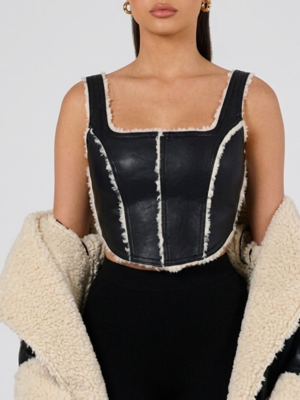 Naked Wardrobe Faux Leather Shearling Trimmed Corset Top Black Crop Size L NWOT